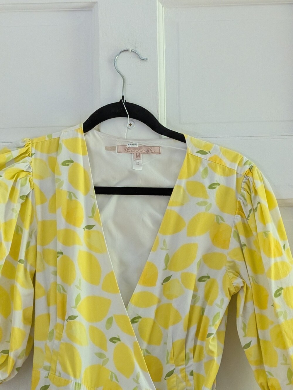 Anthropologie Hutch Tiered Wrap Midi Dress Lemon Print Puff Sleeve Dress - Picture 4 of 6